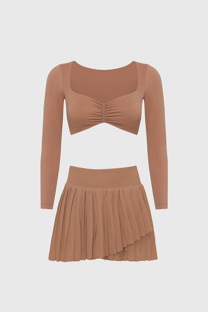 Long Sleeve Ruched Bra & Pleated Skirt