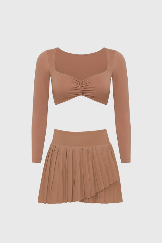 Long Sleeve Ruched Bra & Pleated Skirt
