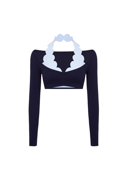 Long Sleeve Scallop Colorblock Crop Top