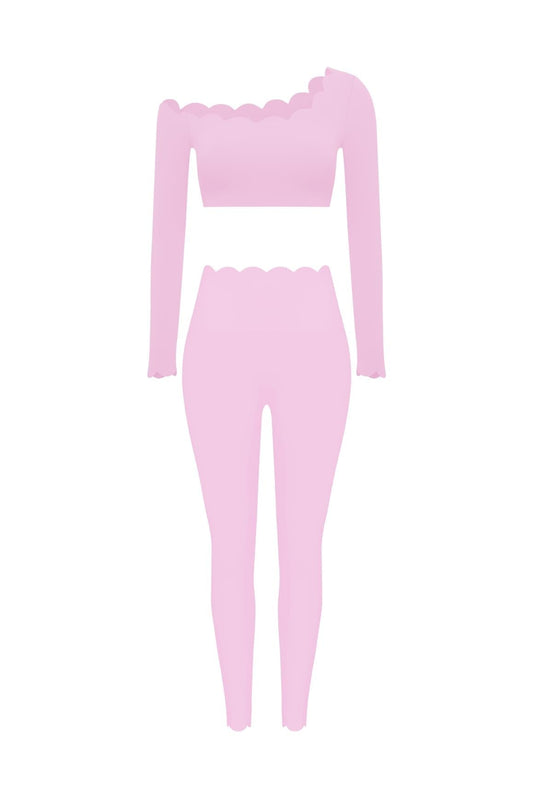 One-shoulder Scallop Long Sleeve Crop Top & High-Waist Scallop Scrunch Legging