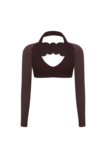 V-Cut Halter Bra & Scalloped Long Sleeve Sports Shrug