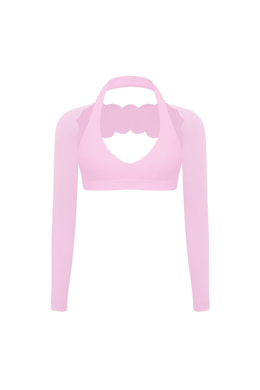 V-Cut Halter Bra & Scalloped Long Sleeve Sports Shrug