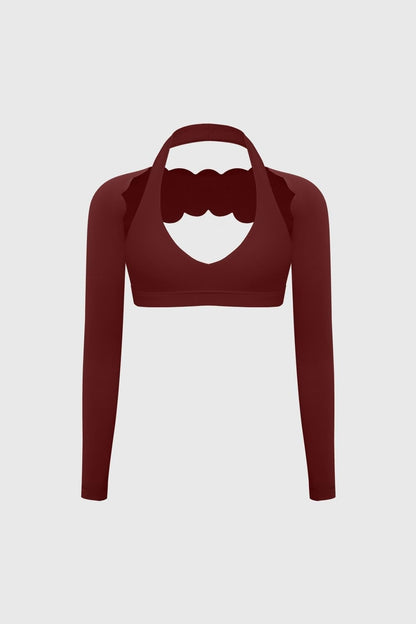 V-Cut Halter Bra & Scalloped Long Sleeve Sports Shrug